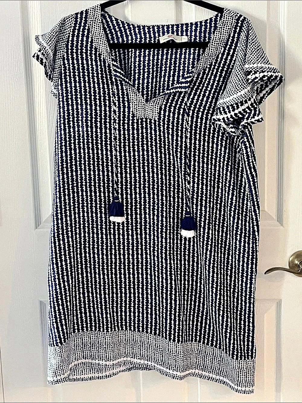 vineyard vines Tassel Flutter Sleeve Shift Dress Tunic Blue & White Large